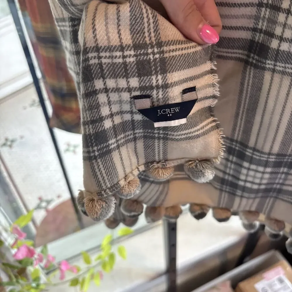J. Crew Plaid Blanket Scarf With Pom-Pom Trim Acrylic Blend